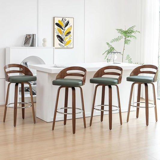 Bar Stools Set of 4, Swivel Bar Stools with Walnut Craftsmanship, Bentwood Curved Back, Upholstered Faux Leather, Soft Cushion Seat, Mid Century BarStools for Bar/Pub/Cafe (Green, 30" Seat Height)
