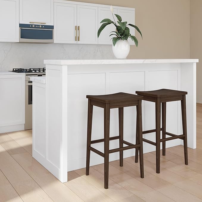 Plank+Beam Smythe Bar Stool, 30", Set of 2, Sturdy Wood Modern Kitchen Counter Height Stool, Saddle Seat Backless Counter Chair, Metal Footrest, Walnut