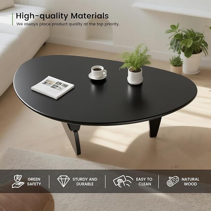 Solid Wooden Modern Triangle Coffee Table: Unique Funky Coffee Tables for Living Room, Oval Mid-Century Irregular Abstract Tea Tables for Patio Office Balcony Bedroom (Black, 50" L x 31" W x 16" H)