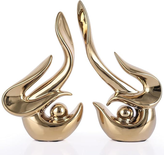 Gold decorative accents, ceramic abstract sculptures and statues, modern art mid century decorative coffee table living room dining room table bedroom office home shelves fireplace countertop decor.