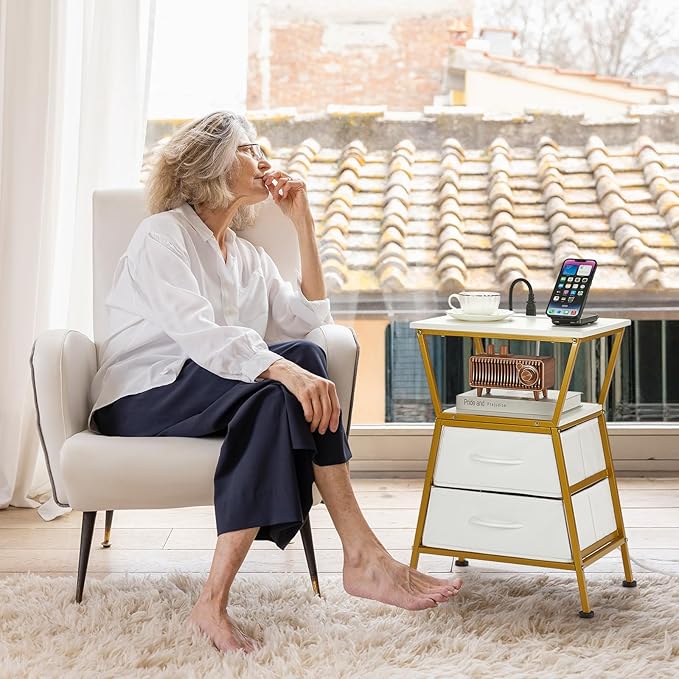 Nightstand with Charging Station, Side Tables for Bedroom with Built-in USB Side Table with 2 USB Ports and Outlets Nightstand with Cloth Drawer End Tables Living Room Sofa Couch