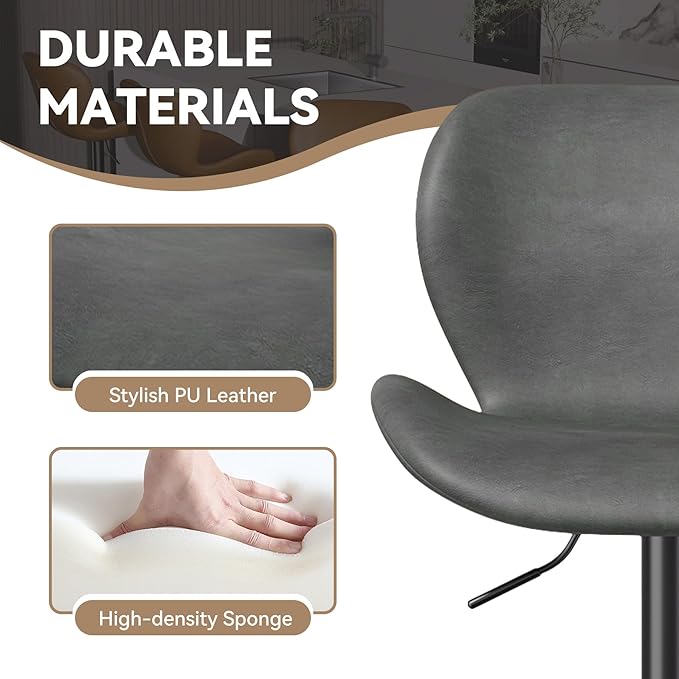 Nalupatio Swivel Bar Stools Set of 2,PU Leather Upholstered Barstools with Back & Footrest, Seat Adjustable Height 22.2-31IN Counter Height Bar Chairs for Bar Kitchen Island,Dark Grey