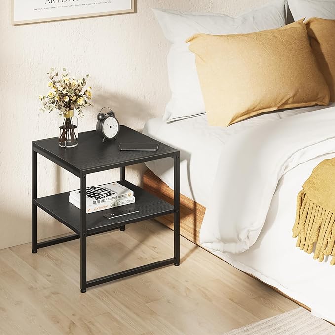 Tatub 20" End Table with Charging Station, Industrial Square Side Table with USB Ports & Outlets, Versatile 2-Tier Small Nightstand for Bedroom Living Room, Black