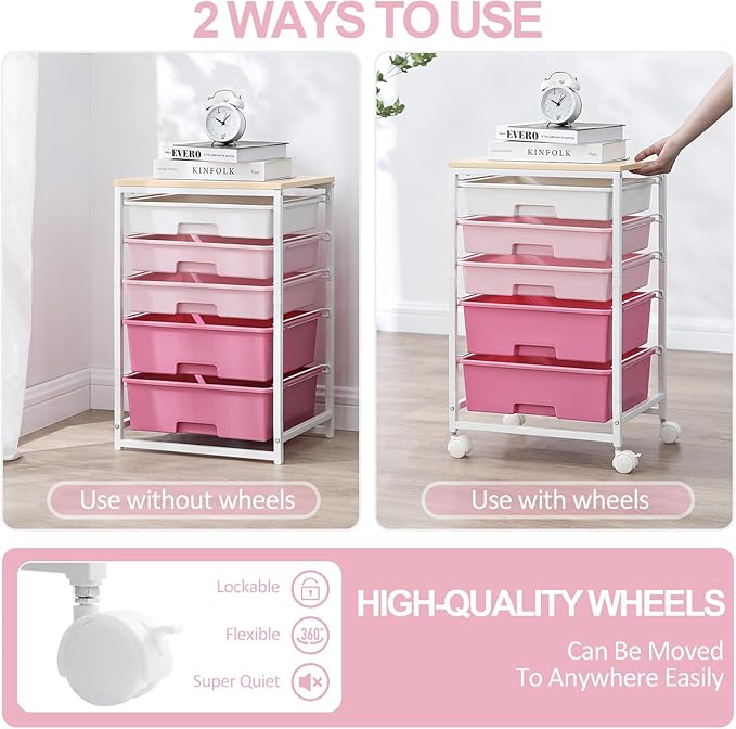 Utility Cart with 5 Drawers,Storage Drawer Cart with Wooden Tabletop and Lockable Wheels,Craft Storage Trolley Cart,5-Tier Rolling Utility Cart on Wheels,Rose Pink