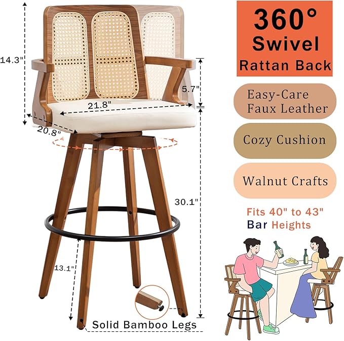 Set of 3 Mid Century Modern Bar Stools - 30 inch Swivel Rattan bar stools with Cane Back, Walnut Craftsmanship, Upholstered Faux Leather, Bar Chairs for Bar/ Pub/Island/Cafe ( 30" Seat Height, Beige)