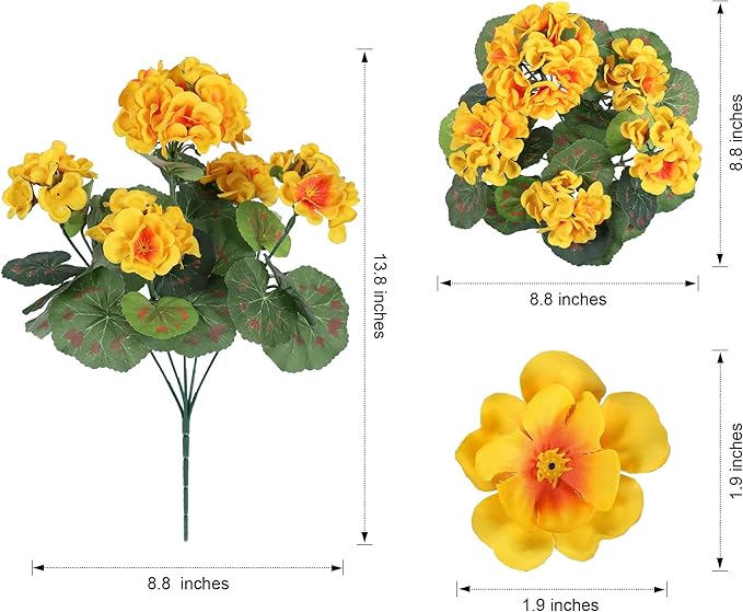 Fake Geraniums Artificial Flowers for Outdoors Fall Autumn Decoration, 6 Bundles Silk Geraniums UV Resistant Look Real Yellow Faux Flowers Plants for Front Door Garden Planter Patio Balcony Yard Home