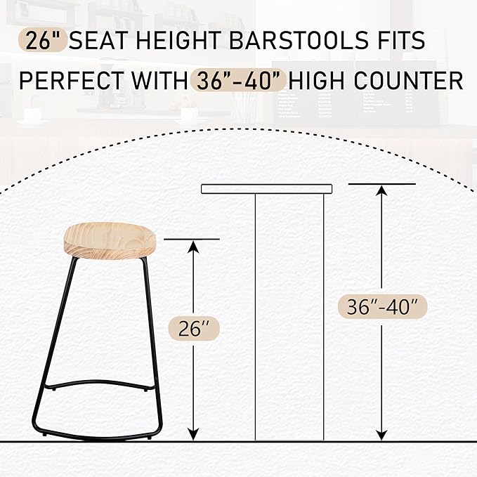 HeuGah Counter Height Bar Stools Set of 3, Solid Wood Bar Stool for Kitchen Island 26" Barstool with Metal Leg Rustic Backless Saddle Seat Stools with Footrest (Burlywood, 3 PCS 26Inch Counter Chair)
