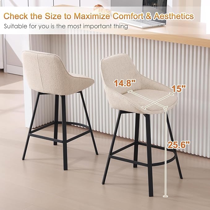 Zesthouse Swivel Bar Stools Set of 4, Modern Counter Height Barstools with Backs, 26'' Upholstered Linen Fabric High Chairs for Island Kitchen, Counter Height Chairs with Metal Legs, Beige