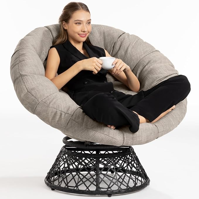 Bme 40" Ergonomic Wicker Papasan Chair with Soft Thick Cushion & Frame, 360° Swivel, Circle, Reading, Comfy Chair for Living Room, Bedroom