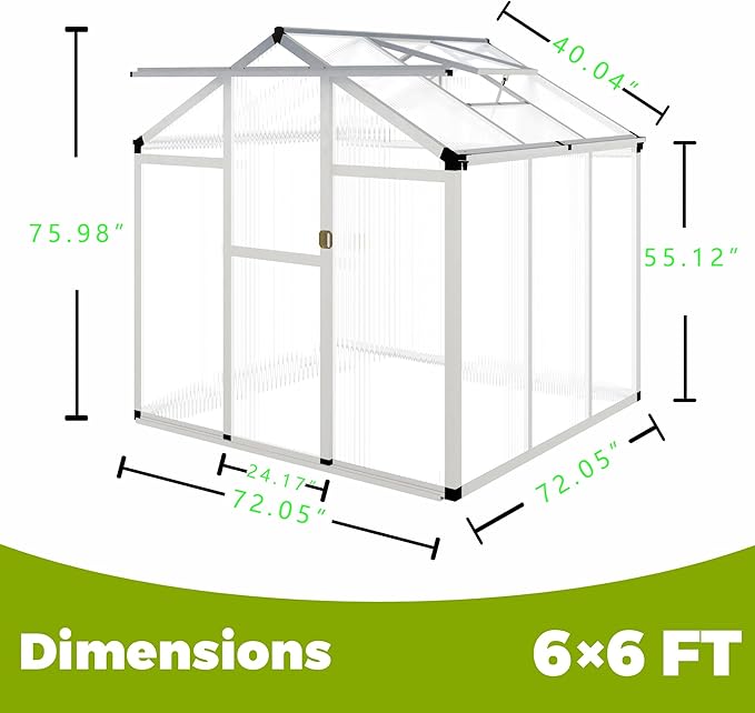 6 x 6FT Greenhouse for Outdoors,Polycarbonate Garden Backyard,Silver