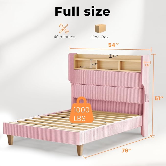 Full Size Bed Frame with 51" Tall Corduroy Wingback Headboard and Storage Shelf, Upholstered Platform Bed with LED Lights & Charging Station, No Box Spring Needed, Easy Assembly, Pink