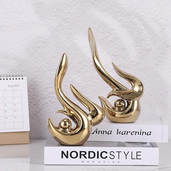 Gold decorative accents, ceramic abstract sculptures and statues, modern art mid century decorative coffee table living room dining room table bedroom office home shelves fireplace countertop decor.