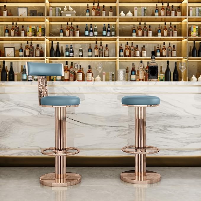 FUNROLUX Swivel Bar Stools with Backrest, Modern Adjustable Height Counter Stool with Stainless Steel Legs and Comfortable Cushion, Rose Bar Chairs for Kitchen Island Counter (Blue)