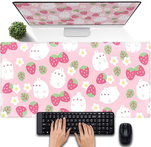 Pink Kawaii Desk Mat, Strawberry Field Desk Pad Large, Extended Mouse Pad Cute, XXL Laptop Computer Keyboard Mat Desktop Mouse Mat, Gaming Computer Pad Women Desk Decor Accessories 31.5"x15.75"