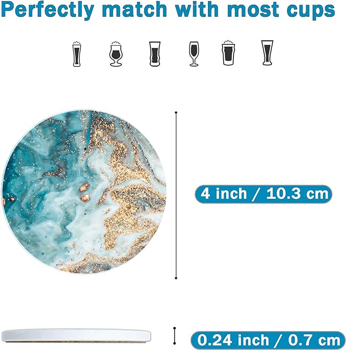 Dooke Coasters for Drinks, Round Absorbent Ceramic Stone Coasters Set of 6 with Cork Base,Funny Coaster with Holder for Cold Drinks Wine Mugs and Cups Tabletop Protection, 4 Inches,Teal Marble