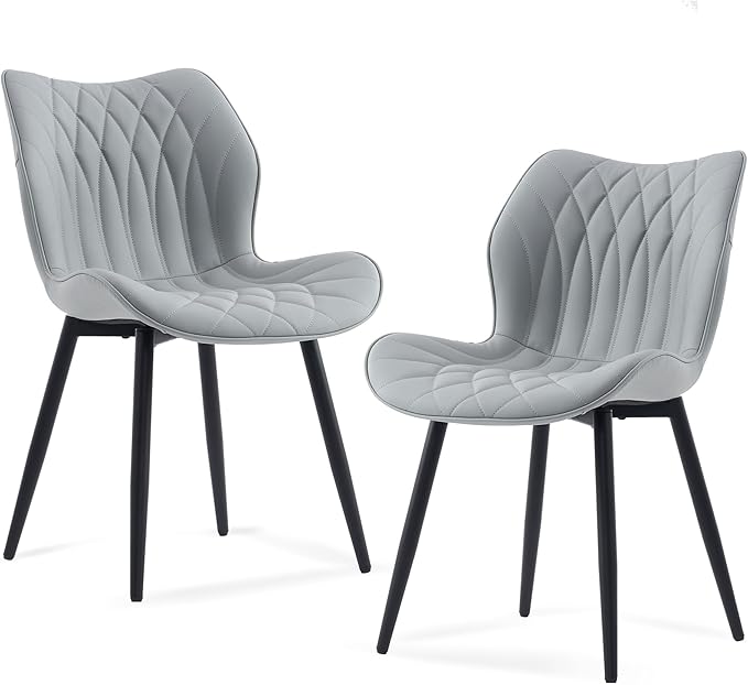Kidol & Shellder Dining Chairs Set of 2 Modern Kitchen Chairs with Back Armless Accent Chairs for Living Room Upholstered Faux Leather Chair Mid Century Comfy Side Chair with Metal Legs, Grey
