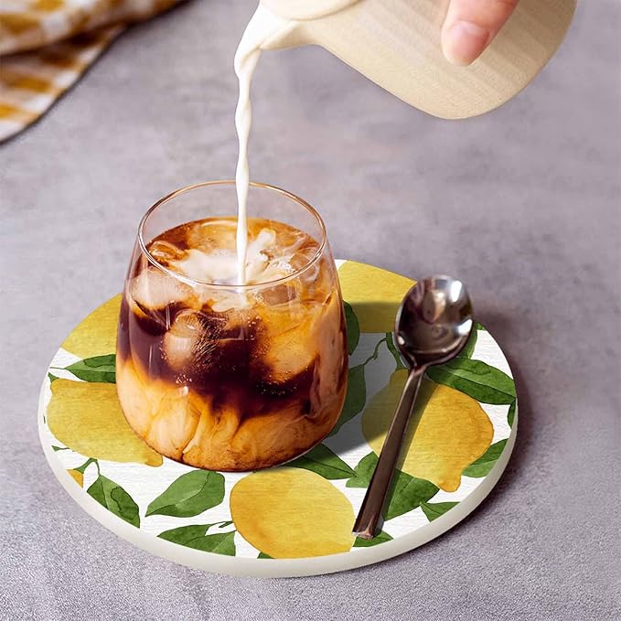 Bright Yellow Lemons Drink Coasters Modern Watercolor Fruit Fresh Food Sketch Housewarming Presentss for New Home Present for Friends,2 Pcs,4 X 4 X 0.35 Inches