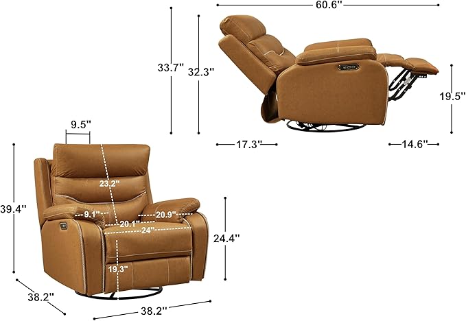 Oversized Recliner Chair, Multifunction Power Recliner Chair, 240° Swivel Single Electric Reclining with USB Port for Living Room,Apartment, Bedroom, Yellow Brown