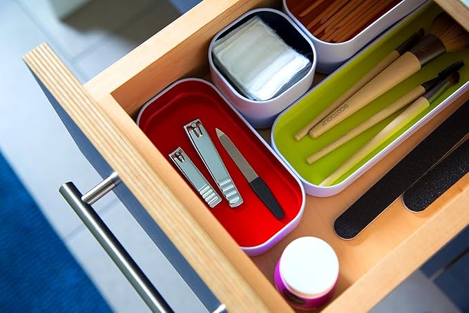 Three by Three Seattle 5 Piece Shallow Metal Organizer Tray Set for Storing Makeup, Stationery, Utensils, and More in Office Desk, Kitchen and Bathroom Drawers (1 Inch, Assorted Colors)