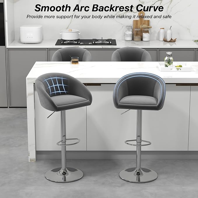 KCC Velvet Bar Stools Set of 2, Counter Height Bar Stools with Low Back, Swivel Barstool for Kitchen Island, Bar Pub (Gray)