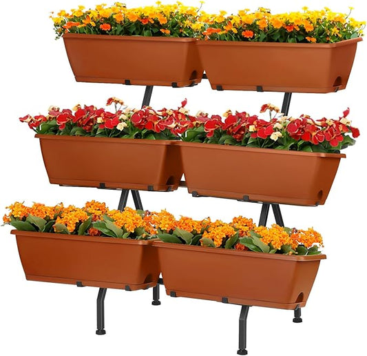 HEOMU 3 Tier Vertical Garden Planter with 6 Boxes, Vertical Raised Garden Bed with Adjustable Feet Pads, Raised Planter for Herb Flower Vegetable Plants in Patio Balcony Deck Indoor Outdoor, Brick Red