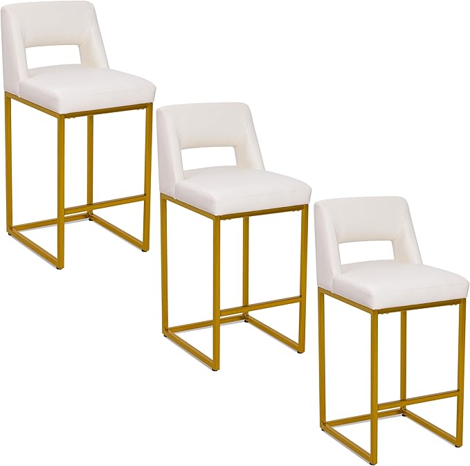 White and Gold Counter Height Bar Stools Set of 3 for Kitchen Counter Modern Bar Chairs with Backs for Kitchen Island with Upholstered Faux Leather Seat and Metal Frame, 26 Inch