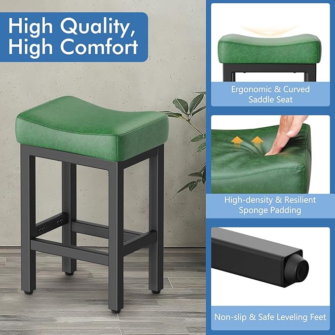 Counter Height Bar Stools Set of 2, 24 Inch Barstools for Kitchen Island Counter, Faux Leather Kitchen Stools with Thick Saddle Seats & Heavy Duty Metal Base, Easy Assembly, Forest Green