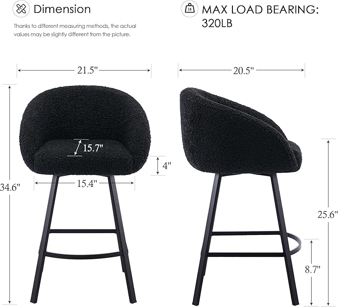 Zesthouse 26'' Modern Counter Height Bar Stools Set of 3, Swivel Barstools with Arms & Backs for Kitchen Counter, Upholstered Black Sherpa Fabric Bar Stools, Kitchen Island Chairs with Metal Legs