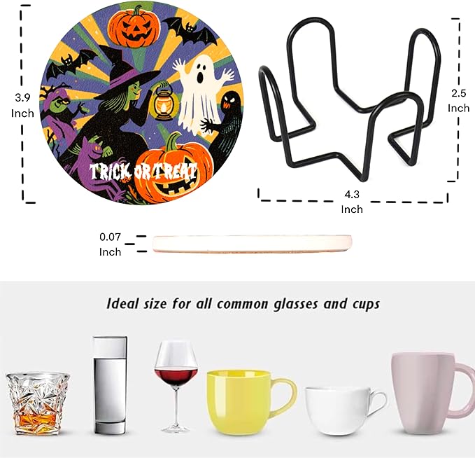 Halloween Coasters Set of 6 with Holder - Spooky Cute Matte Ceramic Drink Coasters, Wall Art & Table Decor for Home, Office, Party | Halloween Decorations Gift