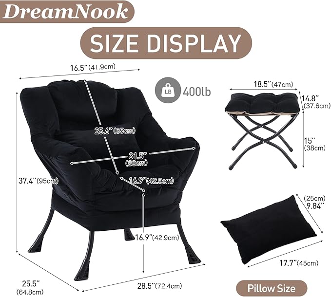 Lazy Chair with Ottoman, Modern Accent Chair with Lumbar Pillow, Comfy Chairs with Folding Footrest for Bedroom, Reading, Oversized Supportive Lounge Chairs(Velvet Black)