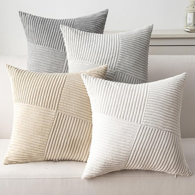 Decorative Throw Pillow Covers 18x18 Inch Set of 4 for Boho Living Room Farmhouse Home Decor, Spring Pillow Covers for Couch Bed, Soft Corduroy Striped Patchwork Cushion Cases, Light Colors