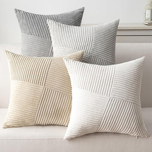 Decorative Throw Pillow Covers 20x20 Inch Set of 4 for Boho Living Room Farmhouse Home Decor, Spring Pillow Covers for Couch Bed, Soft Corduroy Striped Patchwork Cushion Cases, Light Colors