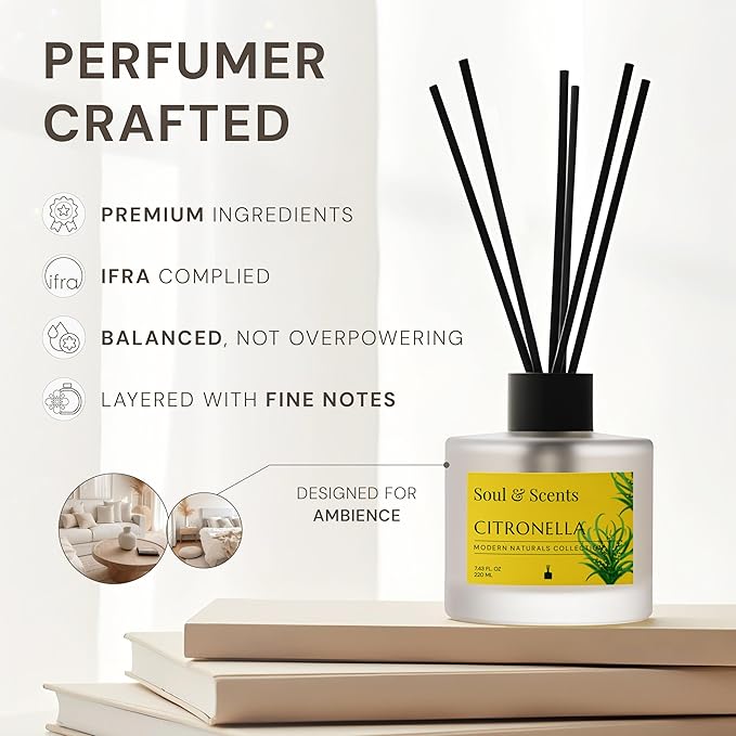 Soul & Scents Reed Diffuser Set – Citronella | 7.43 oz Refillable Scented Oil with 6 Fiber Sticks | Long-Lasting Home Fragrance & Air Freshener for Bedroom, Bathroom, Office | Gift & Décor Piece
