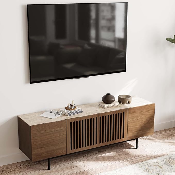 POVISON Fully-Assembled Mid Century Modern Sintered Stone TV Stand, Slatted Media Console TV Cabinet with Tall-cast Metal Legs, Fluted Entertainment Center with Storage (Walnut, 62.99")