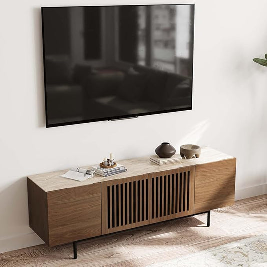 POVISON Fully-Assembled Mid Century Modern Sintered Stone TV Stand, Slatted Media Console TV Cabinet with Tall-cast Metal Legs, Fluted Entertainment Center with Storage (Walnut, 62.99")