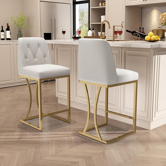 24" Counter Height Bar Stools Set of 4, White Counter Stools with Back and Gold Metal Frame, Modern Luxury Barstools with Footrest, Upholstered PU Leather Bar Chairs for Kitchen Island