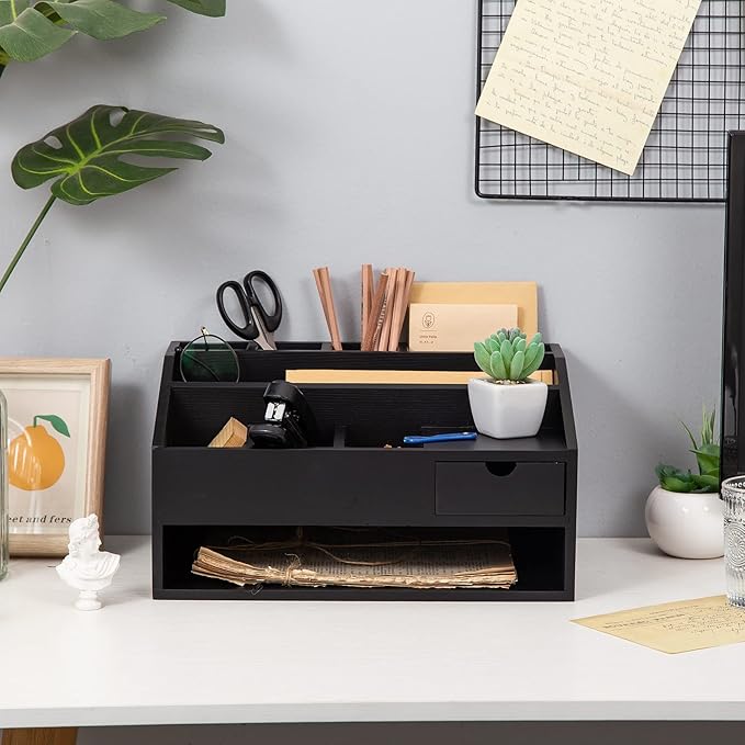 Wood Desk Drawer Organizers with File Organizer Pen holder Office Decor combo for Desk Organization Home can arrange office supplies such as calculators scissors pens note papers, etc. (black)