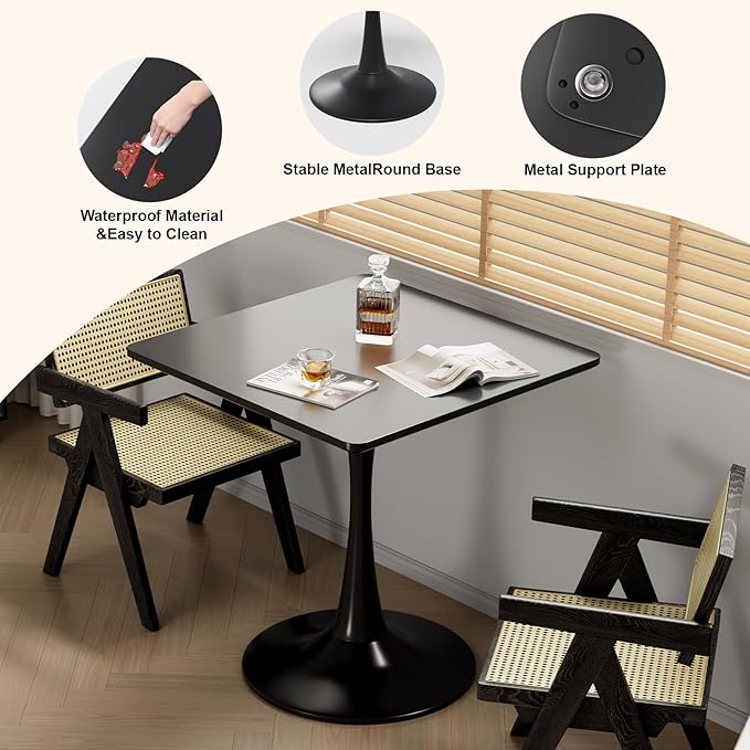 24" Black Tulip Table for Kitchen, Small Square Dining Table for 2 Person, Mid Century Modern Tables with Sturdy Metal Pedestal Base for Living Room, Cafe, Office, Pub, Bar, Bistro