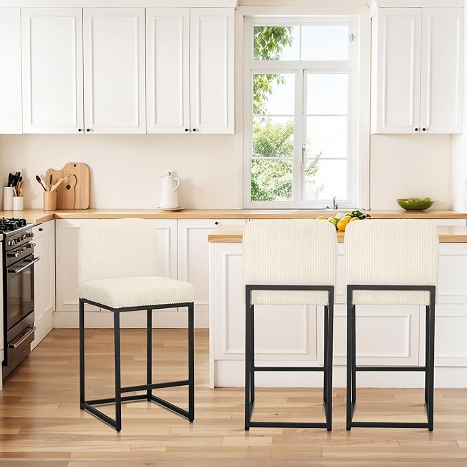 ALPHA HOME 24" Bar Stools Set of 2 Kitchen Counter Stools with Back, Counter Height Stools with Upholstered Footrest for Kitchen Island, Metal Steel Frame, Corduroy, Ivory