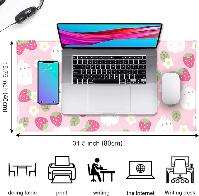 Pink Kawaii Desk Mat, Strawberry Field Desk Pad Large, Extended Mouse Pad Cute, XXL Laptop Computer Keyboard Mat Desktop Mouse Mat, Gaming Computer Pad Women Desk Decor Accessories 31.5"x15.75"