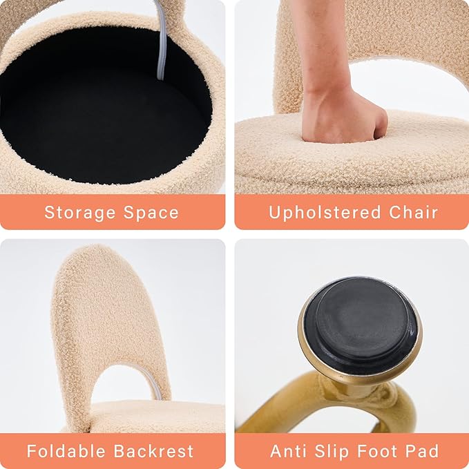 Storage Ottoman Vanity Stool Chair with Folding Back Teddy Velvet Makeup Chair Multifunctional Upholstered Footstool,4 Metal Legs with Anti-Slip Feet for Bedroom Living Room Entryway
