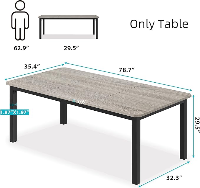 GAOMON 78.7 Inch Long Kitchen Table for 6-8, Dining Room Table for Kitchen Living Room, Large Rectangular Dinner Tables, Industrial Indoor Restaurant Tables with Sturdy Metal Frame(Only Table)