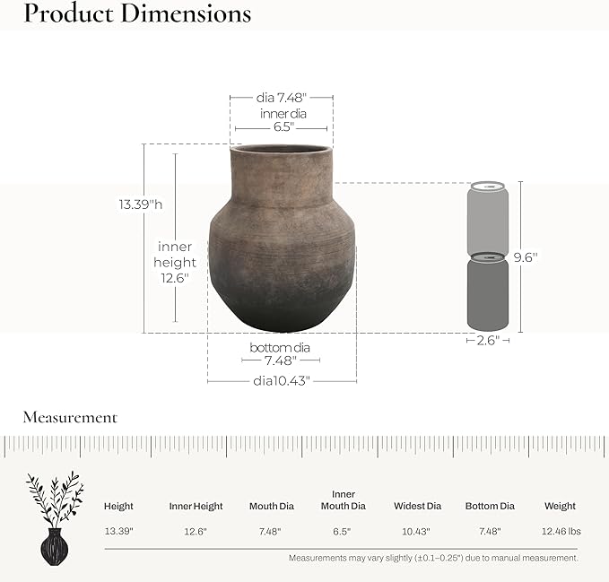 LuxenHome Round Ceramic Flower Vase, 13 Inch Brown Terracotta Vases, Vintage Large Pottery for Living Room Decor Entry Way Table Home Decor, Rustic Pottery