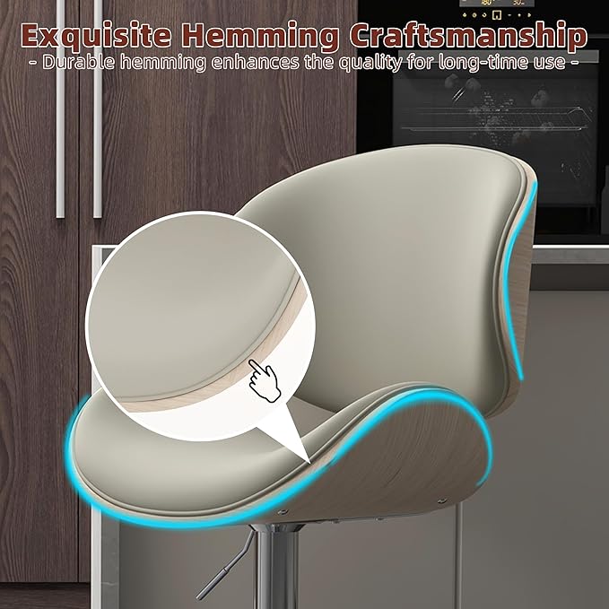 civama Bar Stools Set of 6 for Kitchen Counter, Adjustable Bar Height Chairs, Modern Swivel Barstools with Bentwood Seat and Back with Footrest for Kitchen Island, Dining Room, Grey PU Leather