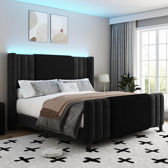 Queen Size Bed Frame with Tall Headboard and Footboard, Boucle and Velvet Upholstered Bed Frame Queen with LED Lights, Modern Platform Bed Frames, Noiseless, Easy Assembly, Black