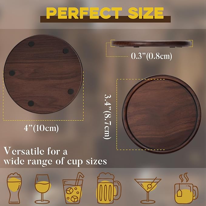 Wood Coasters with Leather Holder, GOH DODD Set of 8 Walnut Wooden Coaster Tabletop Protection for Drinks Coffee Table Home Kitchen Office Living Room Decor Housewarming Gifts Wedding Party, 4 Inch