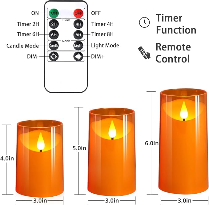NURADA Flameless Candles with Remote Timers - 3D Wick Battery Operated LED Electric Fake Candles Realistic for for Halloween Thanksgiving Dinner Tables Wedding Party Home Fall Decor - 3 Pack Orange