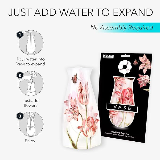 MODGY Expandable Flower Vase Set, Plastic Decorative Modern Foldable Printed Vases for Centerpieces for Wedding, Dining Table, Home Decor, Living Room, Bathroom, Office, Jacob Marrell Tulips, 4 Pack