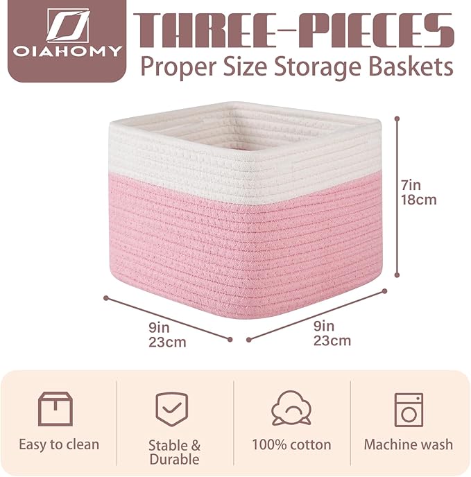 OIAHOMY 9”x9”x7” Storage Cubes, Cotton Rope Woven Baskets for Organizing, Cube Storage Bin, Small Gift Basket for Shelf, 3-Pack, Pink&White