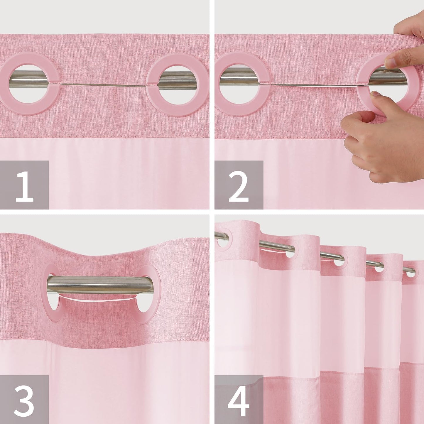 Long No Hooks Needed Linen Textured Shower Curtain with Snap-in Fabric Liner Set,Hotel Luxury Decor Shower Curtains for Bathroom,Waterproof & Washable,71Wx80H,Pink